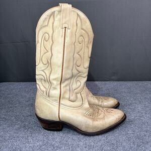 VTG Boulet Cowboy Boot Men 7.5 3E Western Leather Embroidered Chore Riding Cream